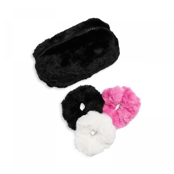 NWT Apparis 4-Piece Faux Fur Accessory Bundle Scrunchies Makeup Bag Noir - Picture 1 of 6